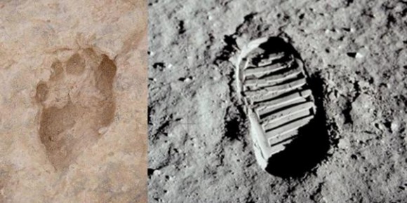Pegadas do australopitecos e astronauta