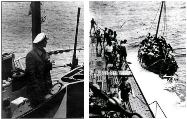  esquerda na torre Werner Hartenstein, comandante do U-156, observando o resgate.