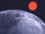 Visão de um exoplaneta oceânico congelado orbitando uma estrela anã-vermelha Visão de um exoplaneta oceânico congelado orbitando uma estrela anã-vermelha