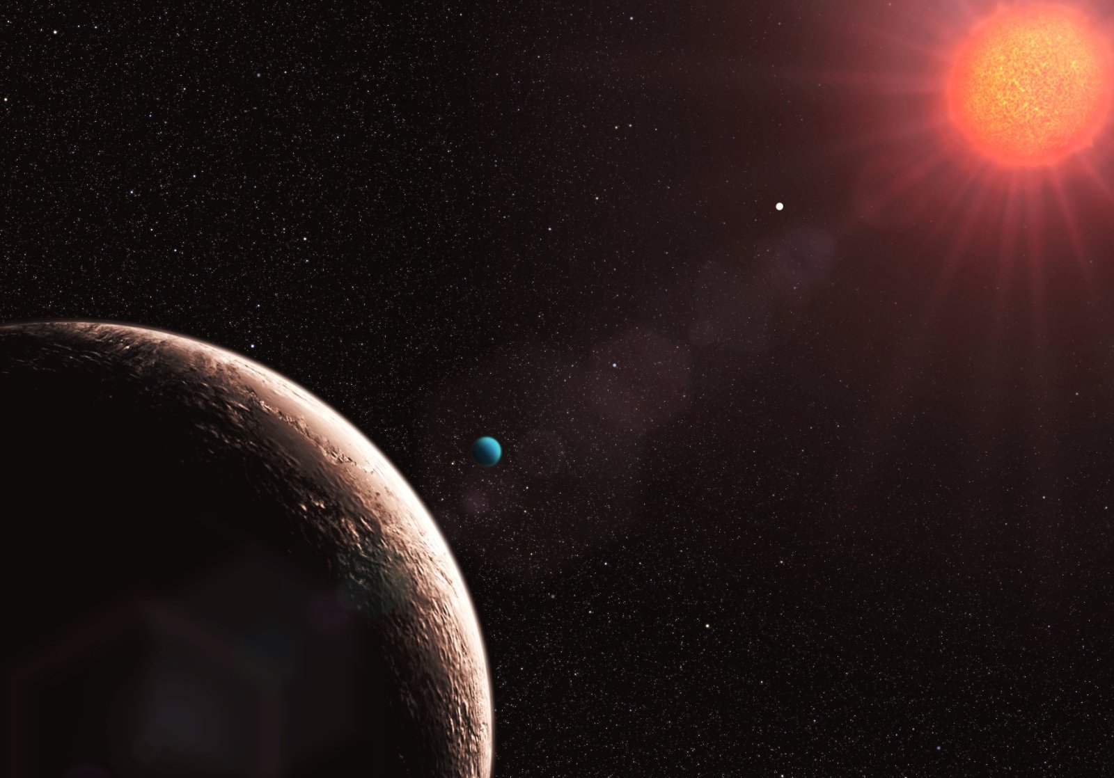 Visão artística de Gliese 581 e, o exoplaneta de menor massa já descoberto. Visão artística de Gliese 581 e, o exoplaneta de menor massa já descoberto.